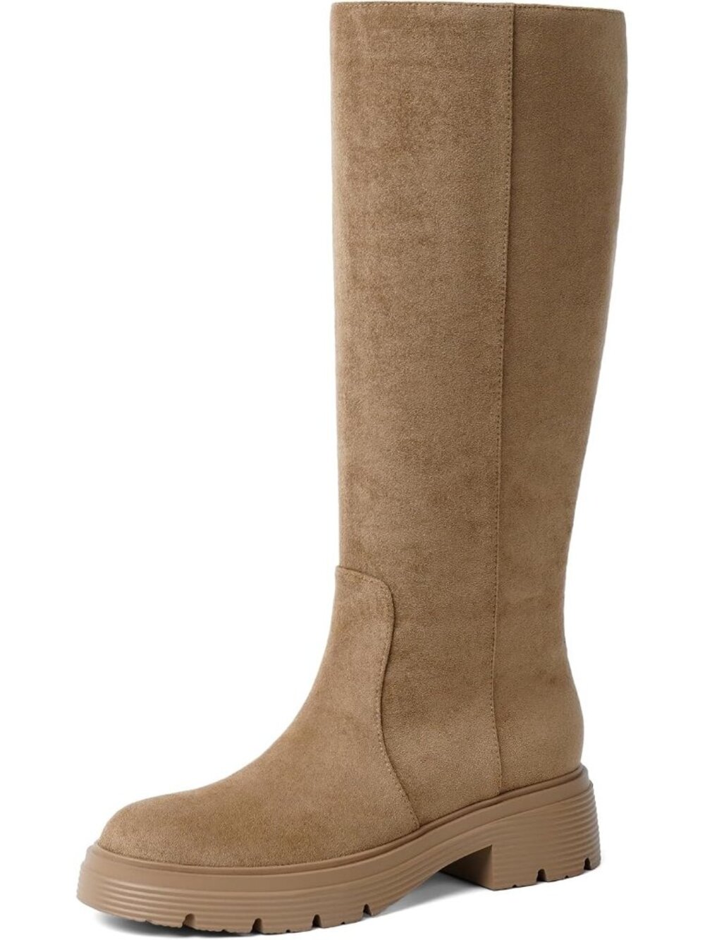 Women's Suede Nude Casual Round Toe Pull On Chunky Block Heel Knee High Boots